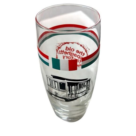 The Old Spaghetti Factory Drinking Glass 6.5" Clear with Logo Colors & Trolley - Picture 3 of 7